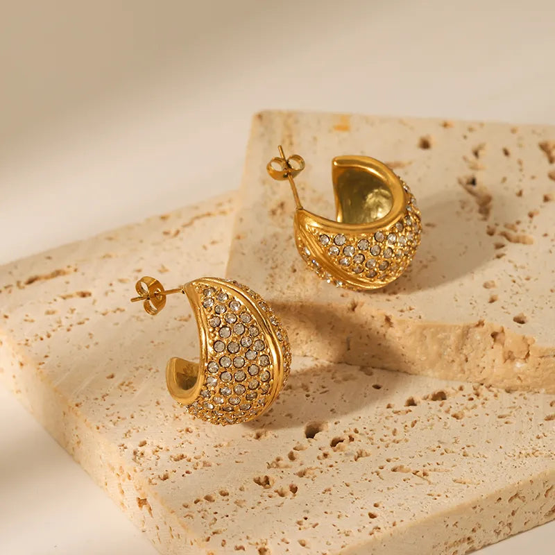Nordic Style Inlay Stainless Steel Rhinestones 18K Gold Plated Hoop Earrings