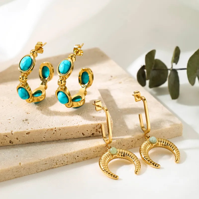 Teal Stone Stainless Steel 18K Gold Plated