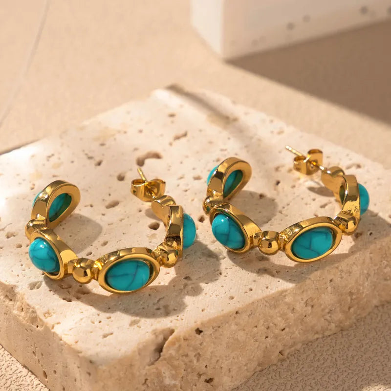 Teal Stone Stainless Steel 18K Gold Plated