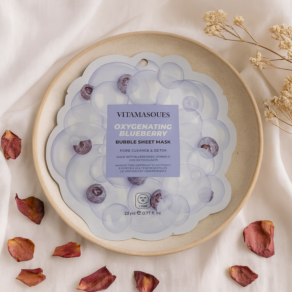 Oxygenating blueberry bubble sheet mask