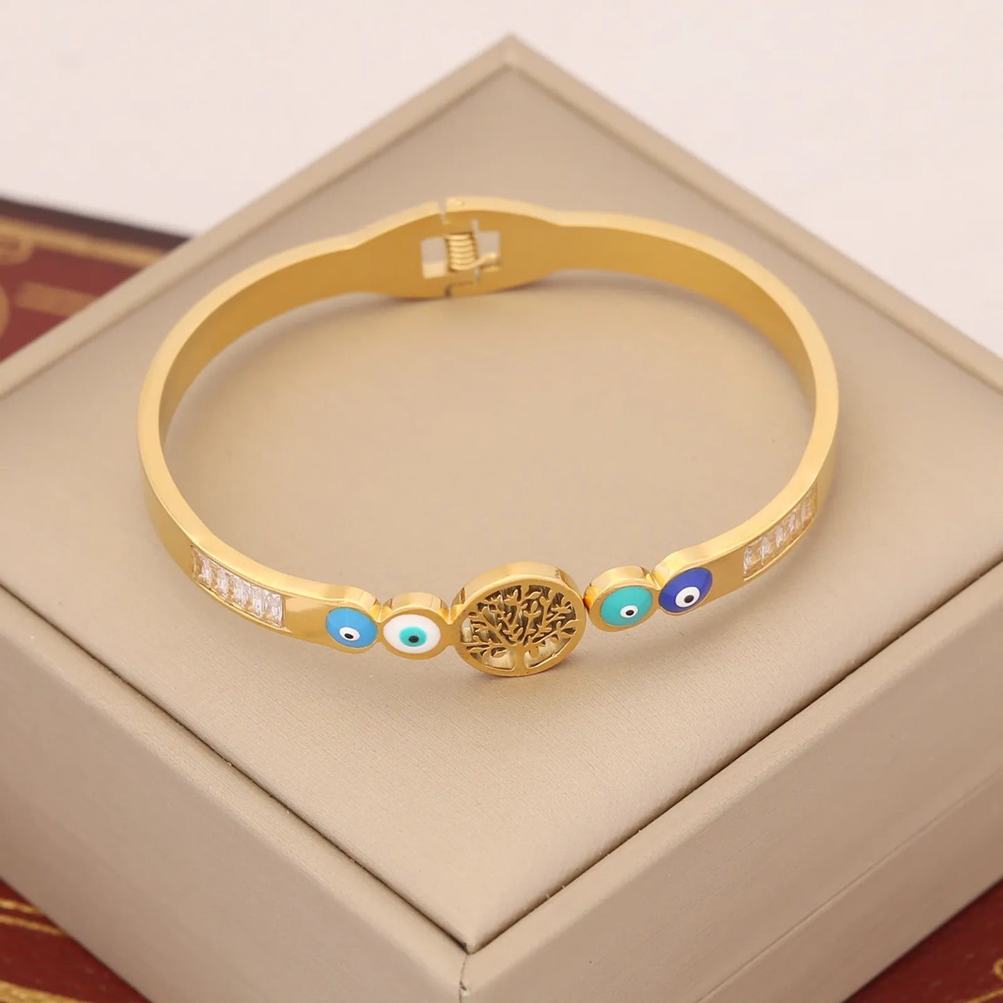 Eye Love Tree of Life Stainless Steel Enamel Inlay Zircon Bangle