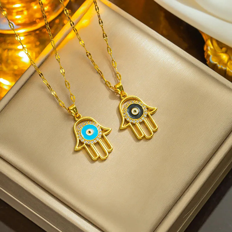 Evil Eye Hand Titanium Steel Enamel Plating Gold Plated Pendant Necklace