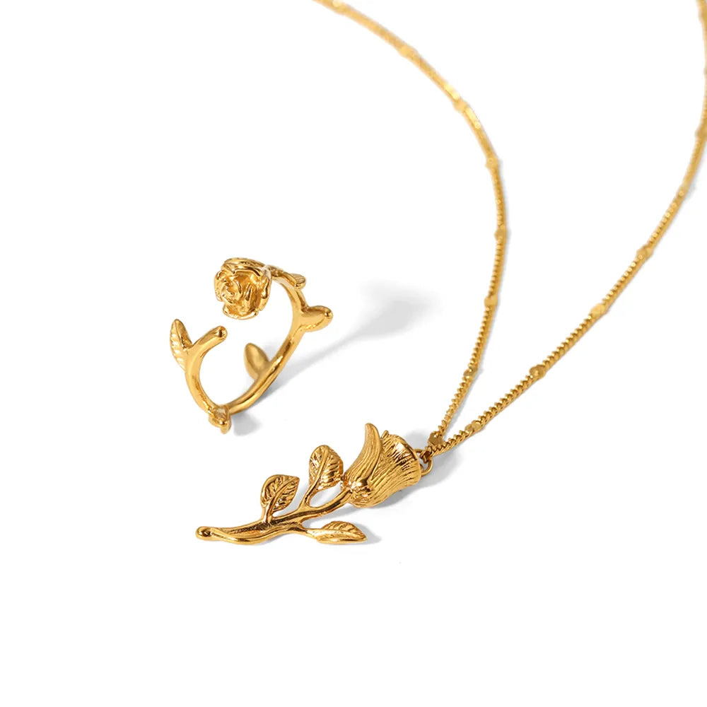 Rose Stainless Steel Polishing Plating 18K Gold Plated Rings Necklace Set
