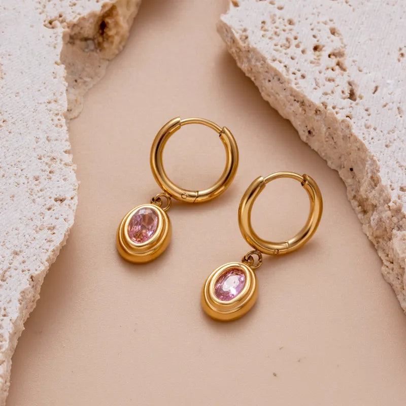 Pink Cubic Zirconia Inlay Stainless Steel Zircon 18K Gold Plated Drop Earrings