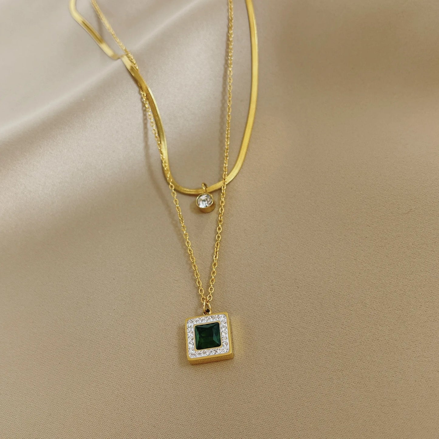 Green Diamond Titanium Steel 18K Gold Plated Zircon Double Layer Necklaces