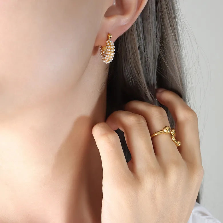 Titanium Steel Plating Inlay Artificial Pearls 18K Gold Plated Earrings