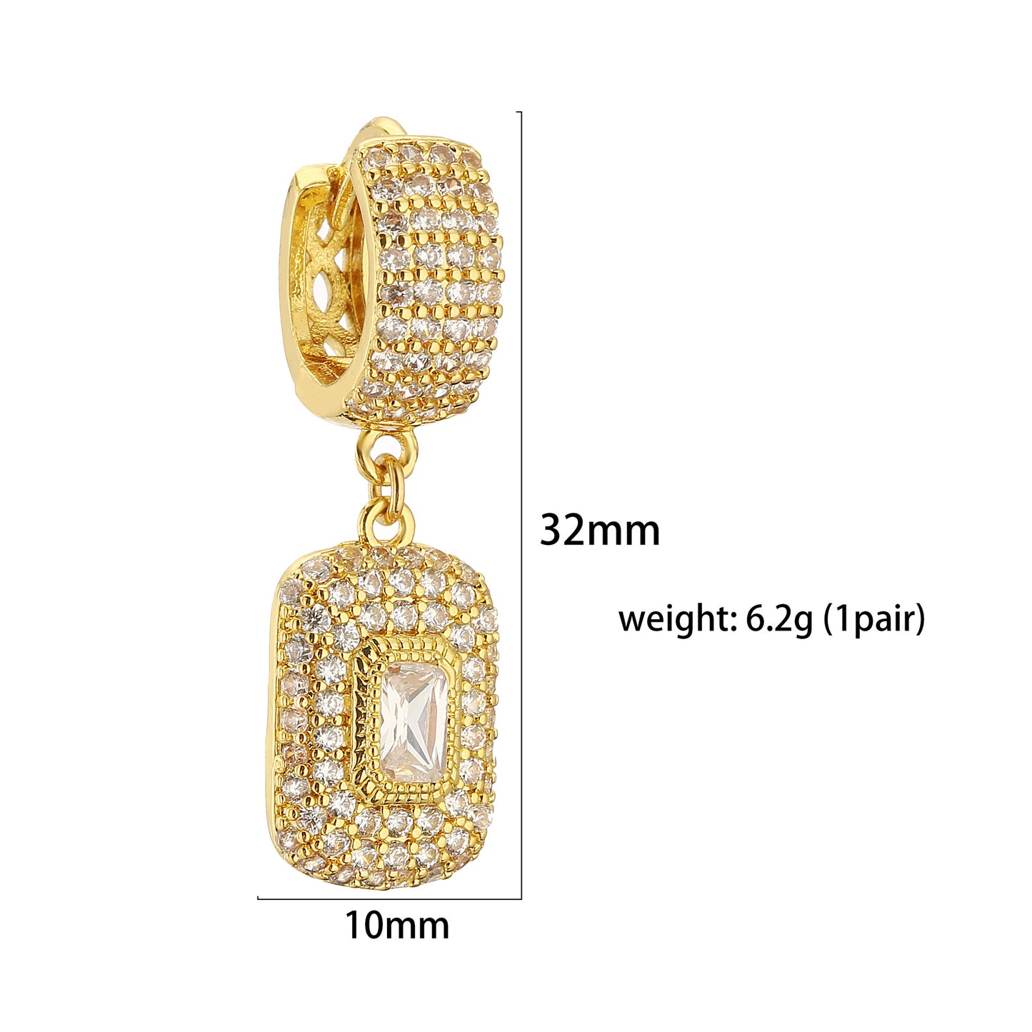 Shiny Square Cubic Zirconia 18K Gold Plated Drop Earrings