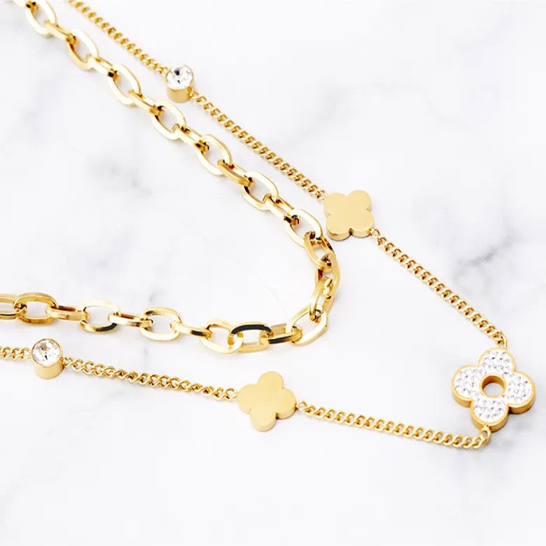 Clover Titanium Steel Inlay Zircon Layered Necklace