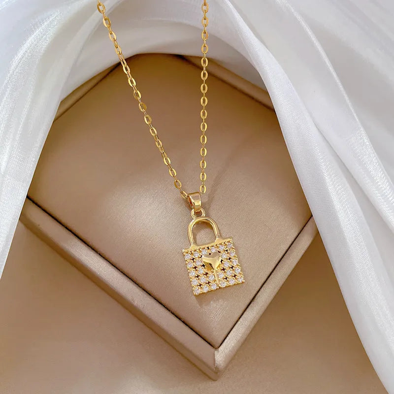 Handbag Lock Style Titanium Steel Plating Inlay Artificial Gemstones Pendant Necklace