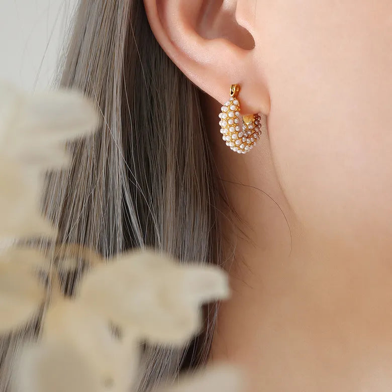 Titanium Steel Plating Inlay Artificial Pearls 18K Gold Plated Earrings