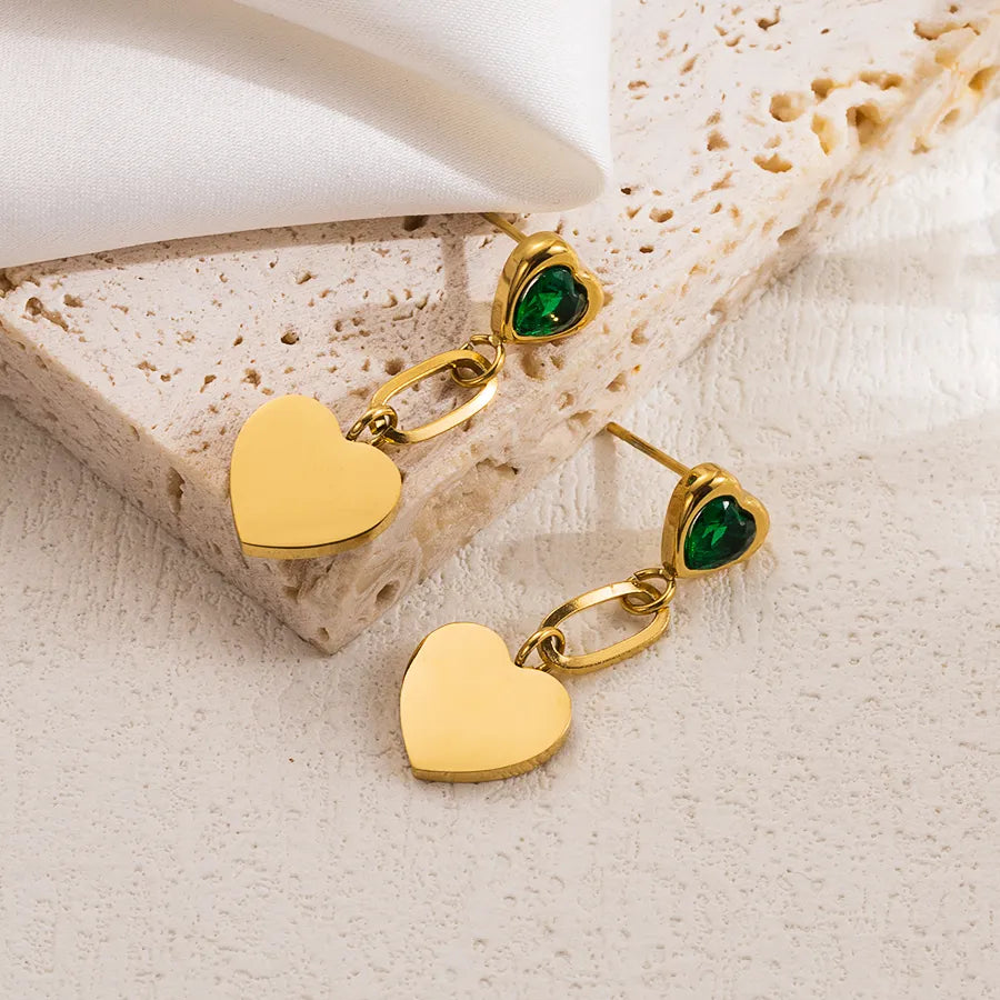 Green Sweet Heart Shape Plating Stainless Steel GREEN Zircon 18K Gold Plated Drop Earring