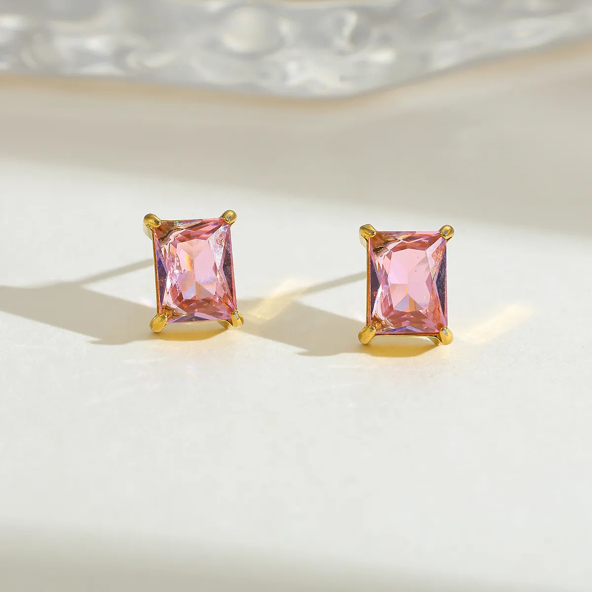 Rectangular 304 Stainless Steel Plated 16K Gold Embedded Zirconia Stud Earrings