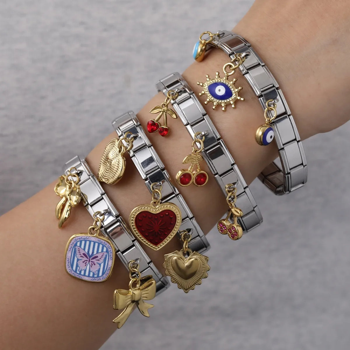 Versatile 18K Gold Plated Stainless Steel Zircon Butterfly Bow Pendant Bracelet