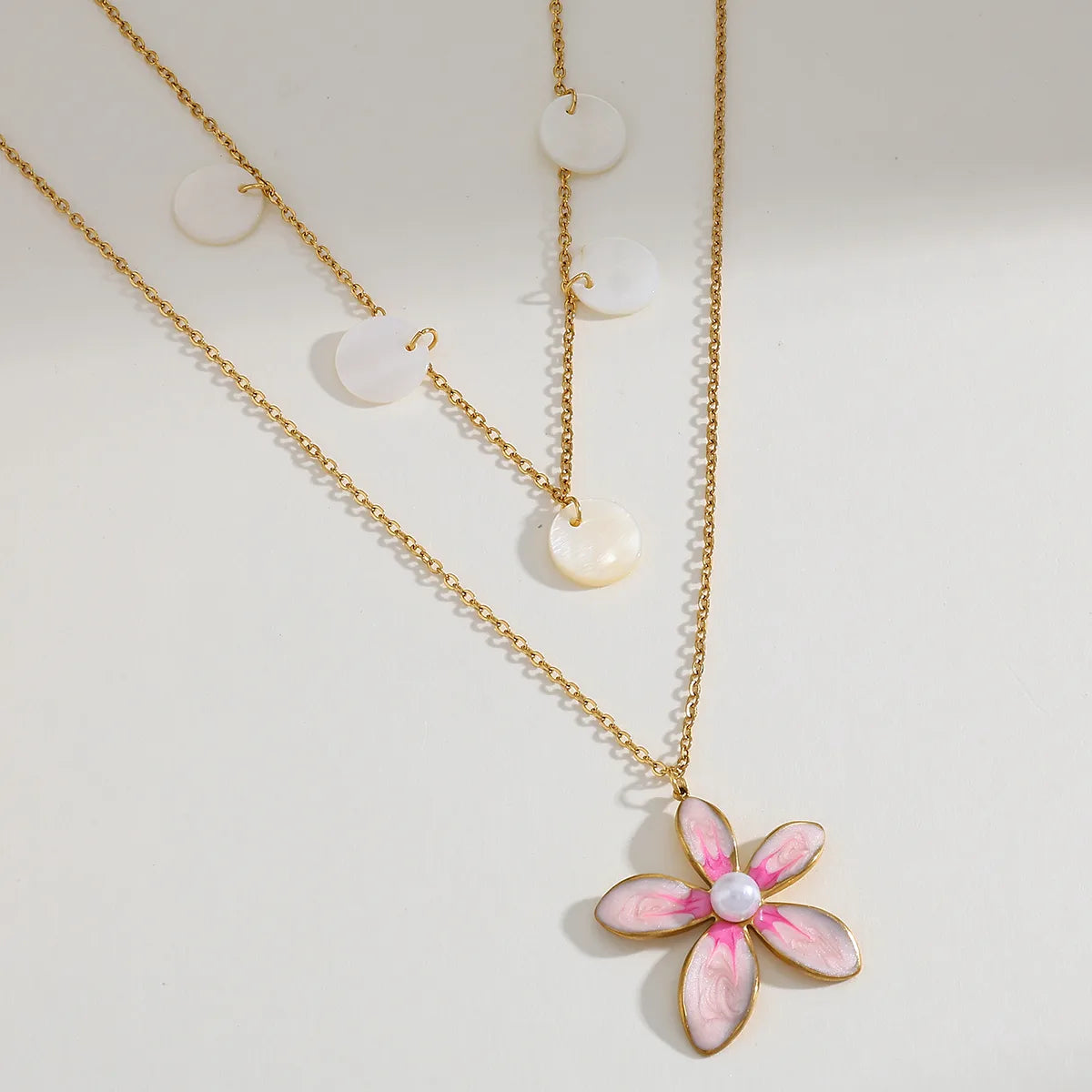 Pearl Flower Double Layer Stainless Steel Vacuum 18K Gold Plated Necklace