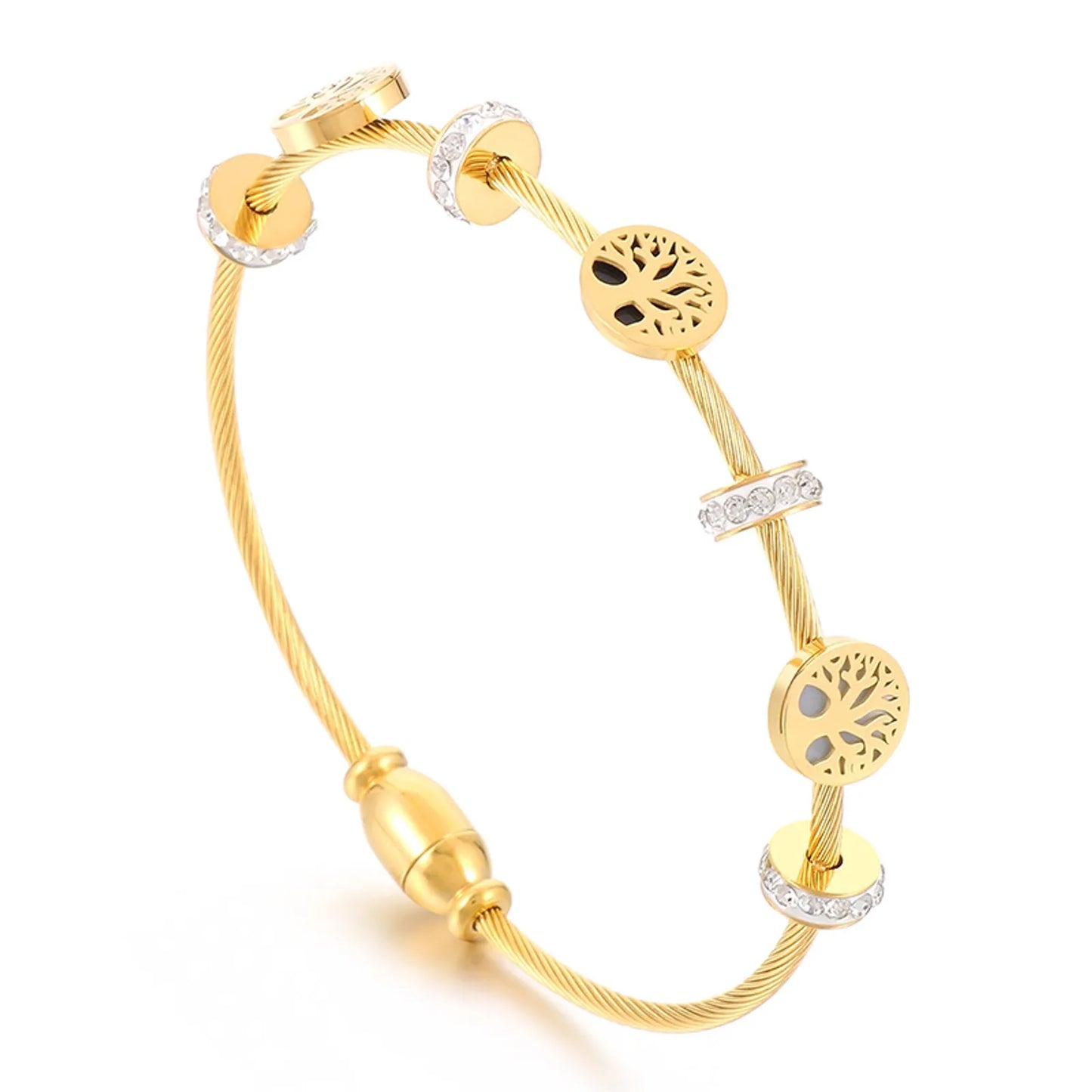 Tree Of Life Titanium Steel Plating Inlay Zircon 18K Gold Plated Bangle