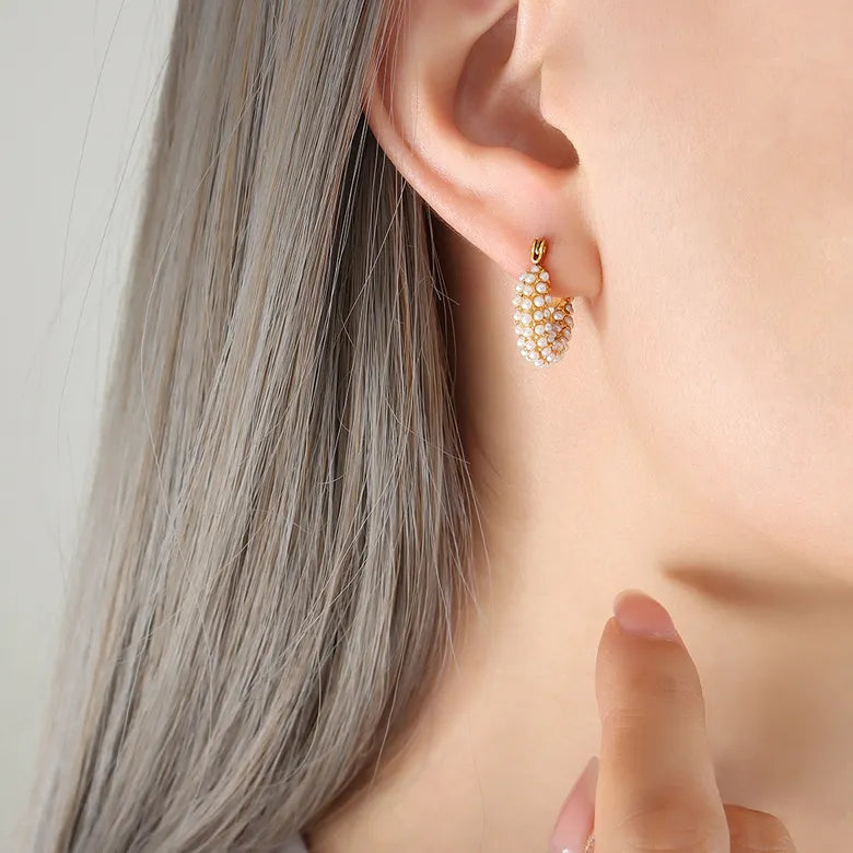 Titanium Steel Plating Inlay Artificial Pearls 18K Gold Plated Earrings
