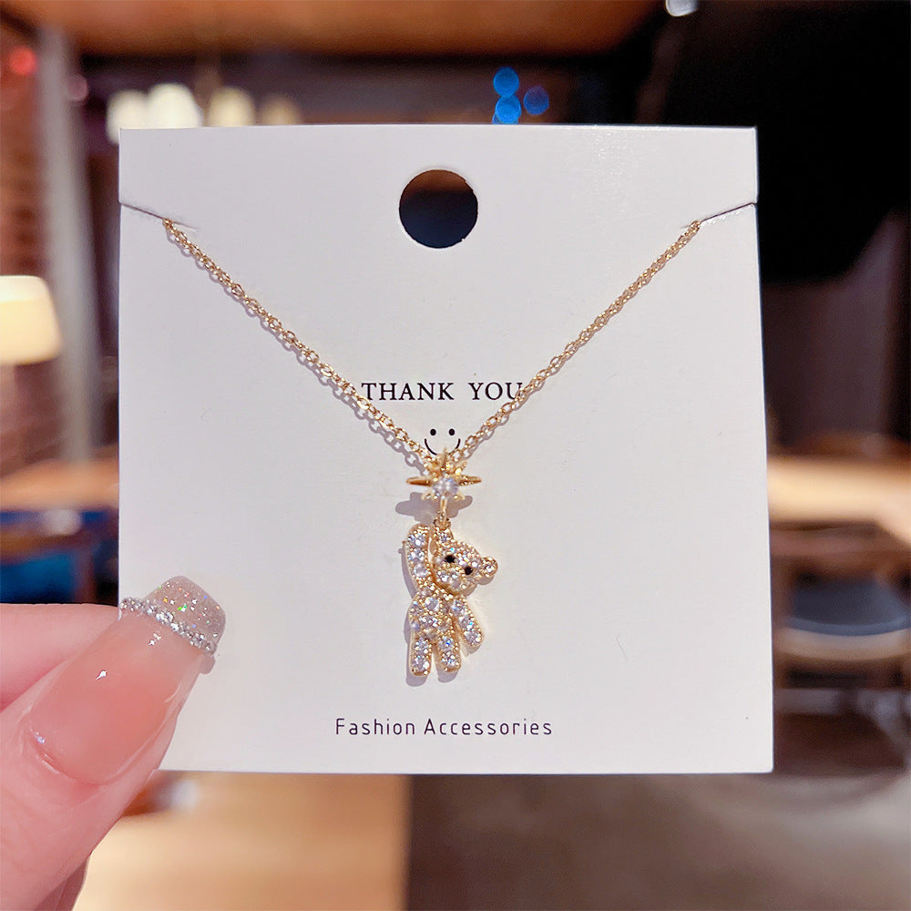 Star Bear Titanium Steel Plating Inlay Zircon Gold Plated Pendant Necklace