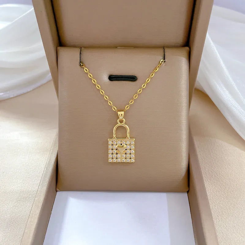 Handbag Lock Style Titanium Steel Plating Inlay Artificial Gemstones Pendant Necklace