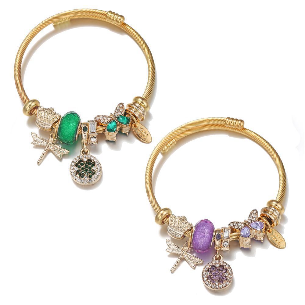 Green Dragonfly Stainless Steel Plating Charms Bangle