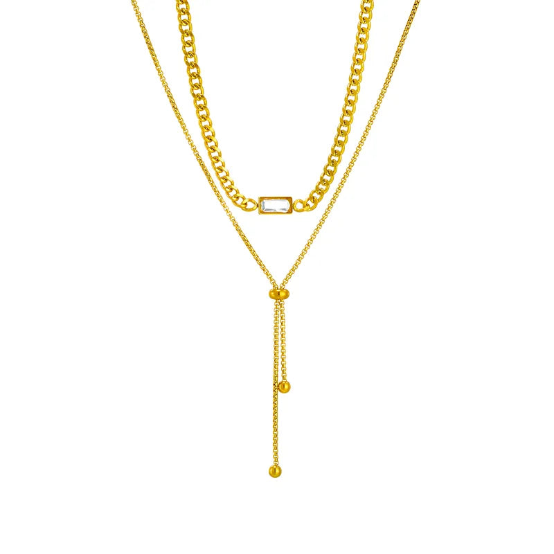 Rectangle Titanium Steel Plating Inlay Rhinestones 18K Gold Plated Layered Necklaces