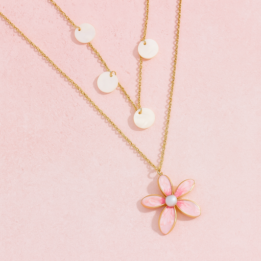 Pearl Flower Double Layer Stainless Steel Vacuum 18K Gold Plated Necklace
