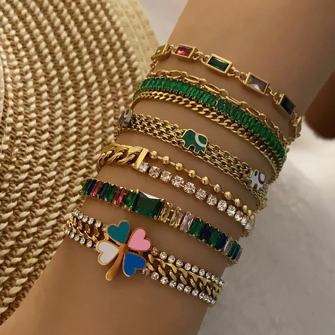 Four Leaf Stainless Steel Plating Inlay Zircon Gold Plated Bracelet