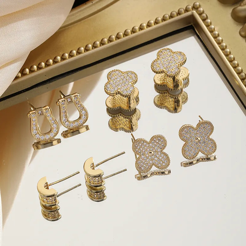 IG Style Plating Inlay Copper Zircon 18K Gold Plated Ear Studs