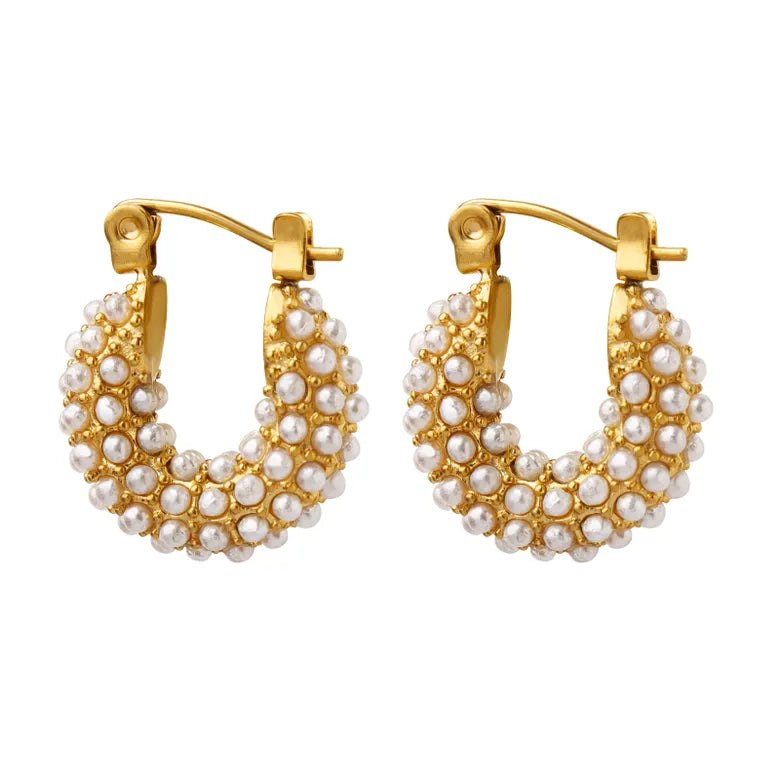 Titanium Steel Plating Inlay Artificial Pearls 18K Gold Plated Earrings
