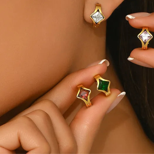 Green Square Pair Earrings 18K Gold Plated 304 Stainless Steel Square Earrings