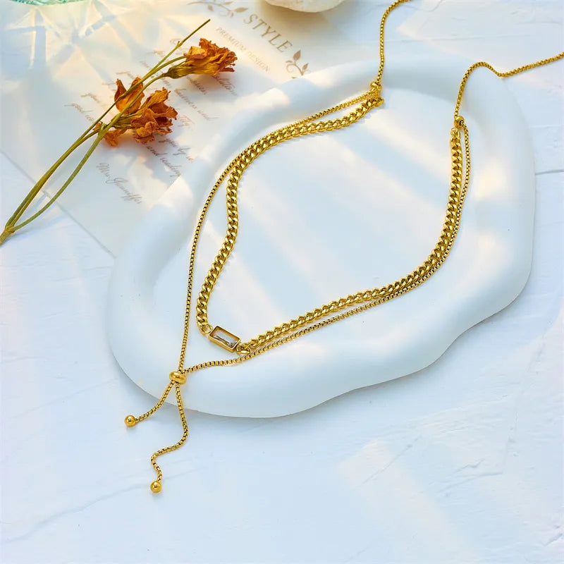 Rectangle Titanium Steel Plating Inlay Rhinestones 18K Gold Plated Layered Necklaces