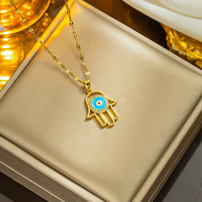 Evil Eye Hand Titanium Steel Enamel Plating Gold Plated Pendant Necklace