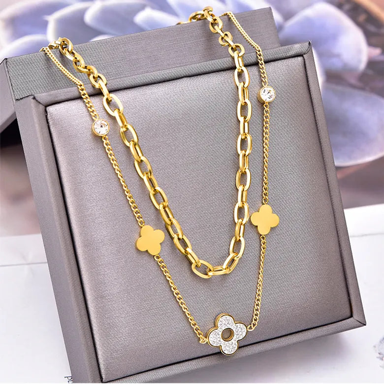 Clover Titanium Steel Inlay Zircon Layered Necklace