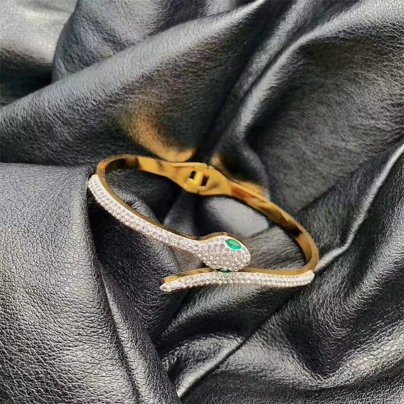 Green Eyed Snake Shape Bracelet Titanium Steel Plating Inlay Rhinestones Bangle