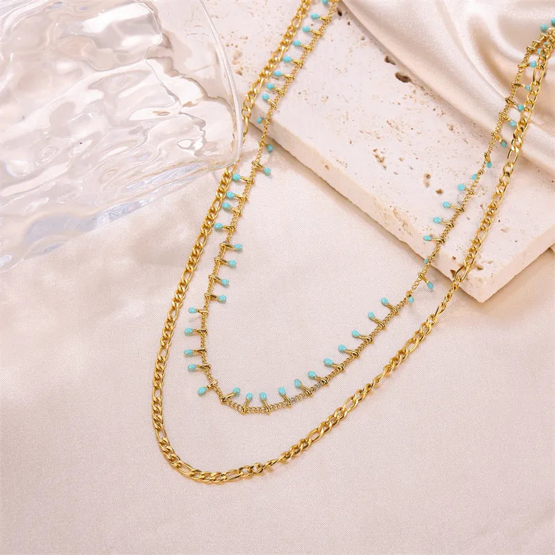 Blue Solid Color Stainless Steel Enamel Plating 18K Gold Plated Layered Necklaces
