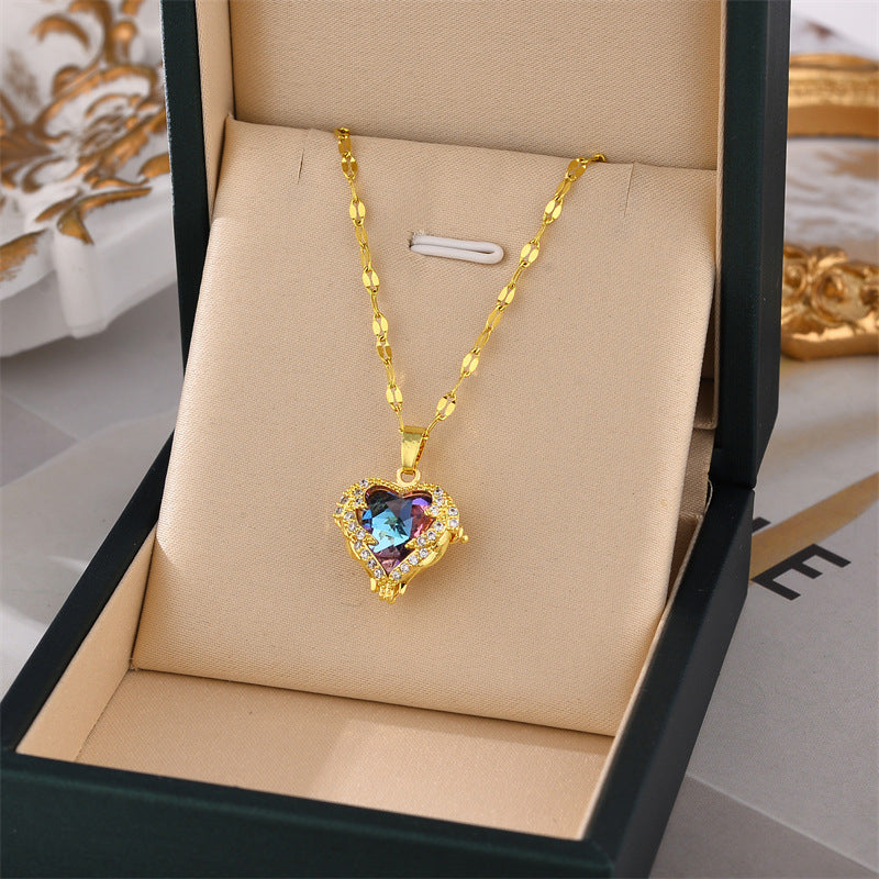 Heart Shape Titanium Steel Plating Inlay Rhinestones Pendant Necklace