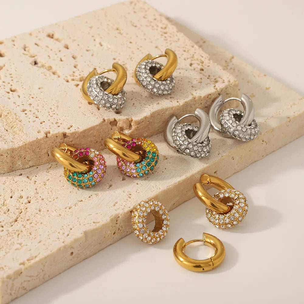 Retro Circle Polishing Plating Inlay Stainless Steel Zircon 18K Gold Plated Earrings
