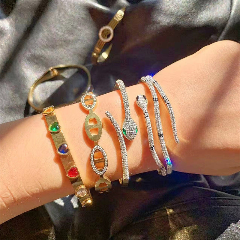 Green Eyed Snake Shape Bracelet Titanium Steel Plating Inlay Rhinestones Bangle