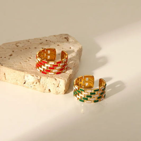 Green Stringed 18K Gold Plated Stainless Steel Geometric Oil Drop Ring