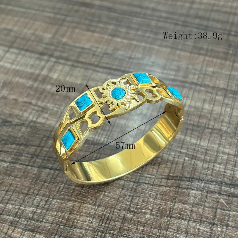 Beach Tropical Artistic Sun 304 Stainless Steel 18K Gold Plated Natural Stone Bangle