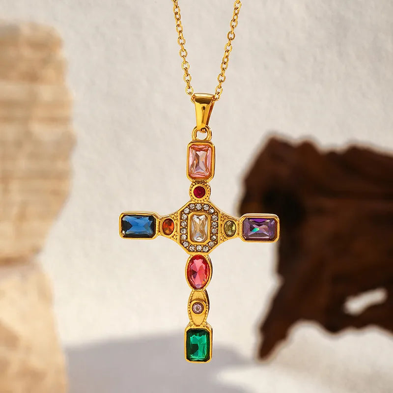 Stained Glass Diamond Cross 18K Gold 304 Stainless Steel Cross Shelf Zircon-Inlaid Pendant