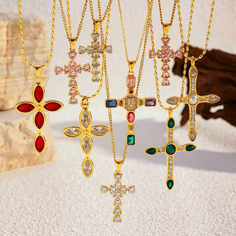 Stained Glass Diamond Cross 18K Gold 304 Stainless Steel Cross Shelf Zircon-Inlaid Pendant