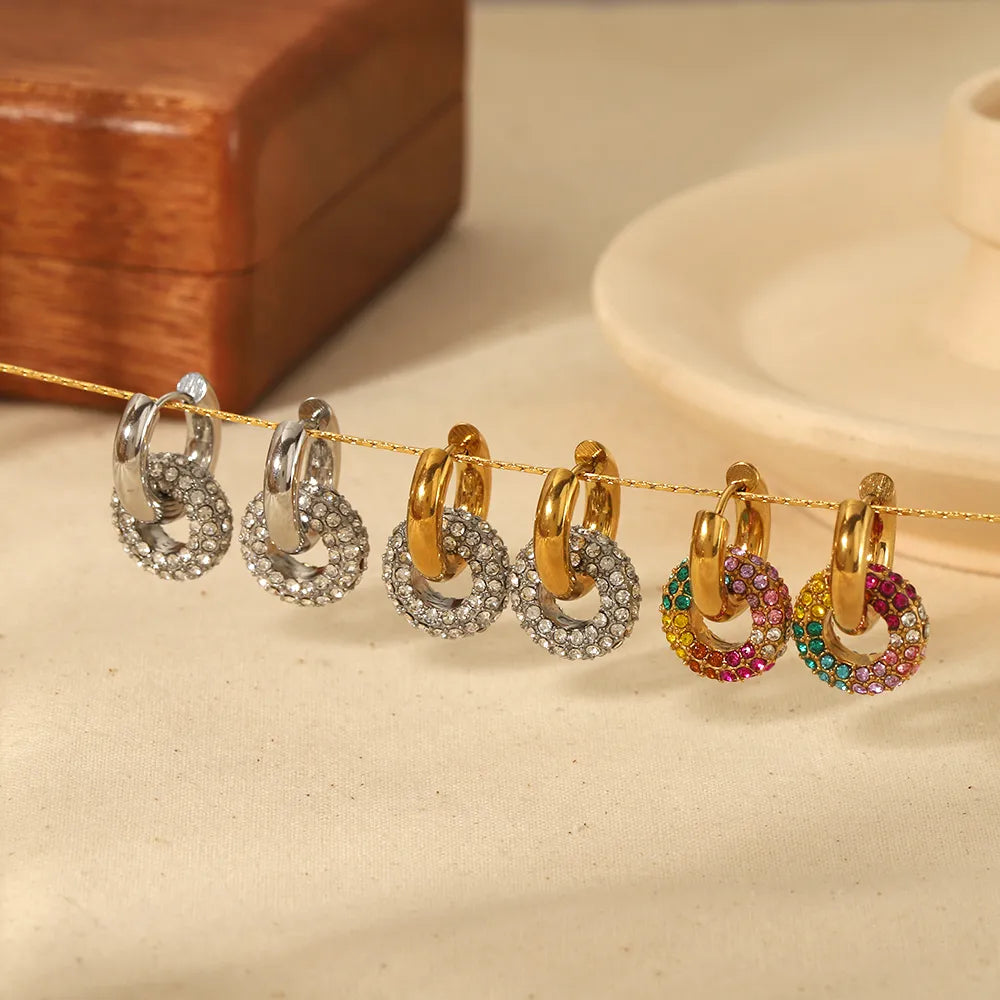 Retro Circle Polishing Plating Inlay Stainless Steel Zircon 18K Gold Plated Earrings