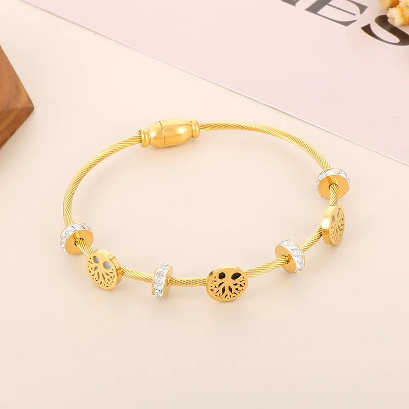 Tree Of Life Titanium Steel Plating Inlay Zircon 18K Gold Plated Bangle