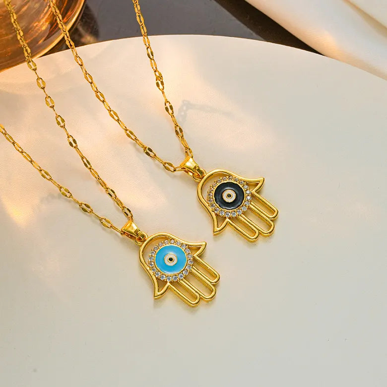 Evil Eye Hand Titanium Steel Enamel Plating Gold Plated Pendant Necklace