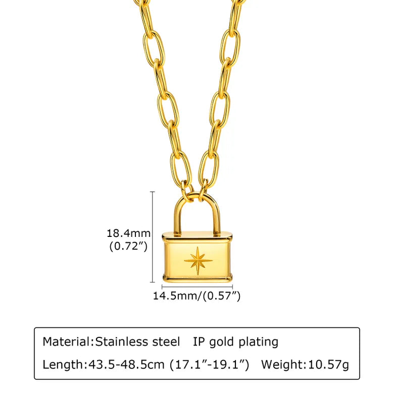Streetwear Lock Stainless Steel Layered Plating Inlay 18K Gold Plated Zircon Pendant Necklace