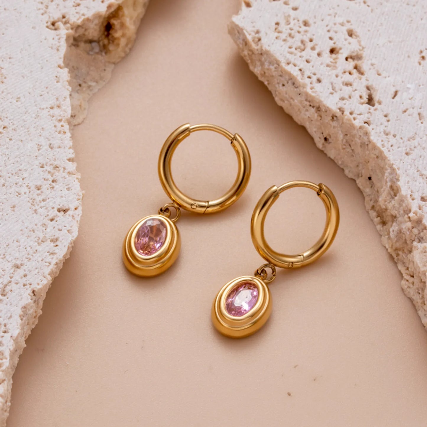 Pink Cubic Zirconia Inlay Stainless Steel Zircon 18K Gold Plated Drop Earrings