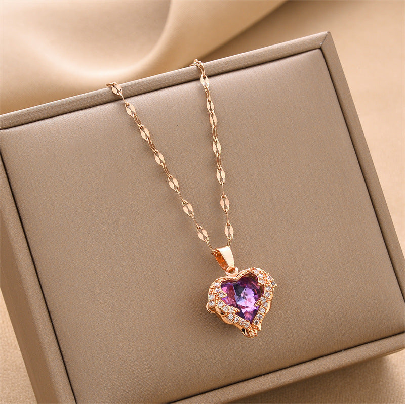Heart Shape Titanium Steel Plating Inlay Rhinestones Pendant Necklace