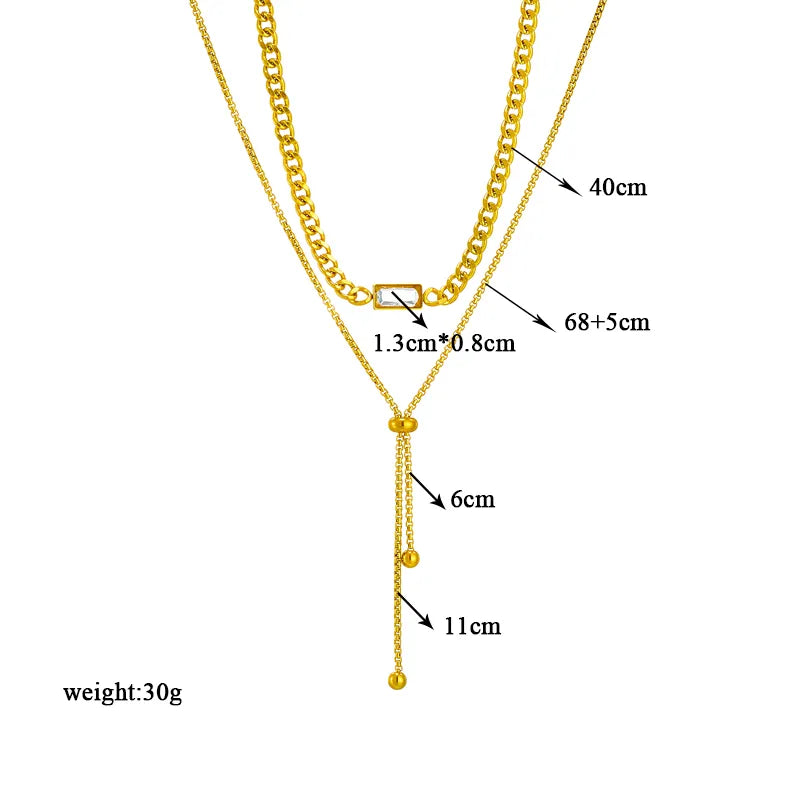 Rectangle Titanium Steel Plating Inlay Rhinestones 18K Gold Plated Layered Necklaces