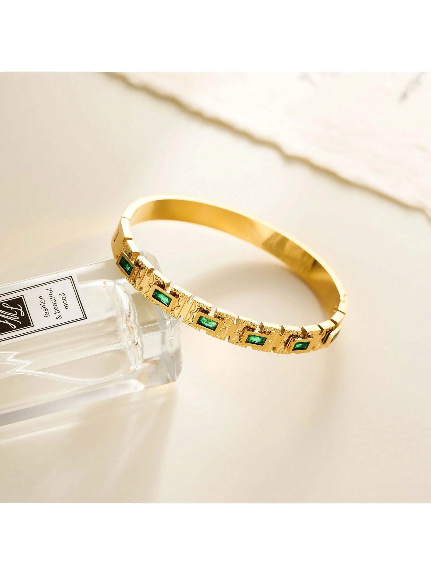 Green Zircon Click Clasp Stainless Steel 18K Gold Plated Luxury Bracelet