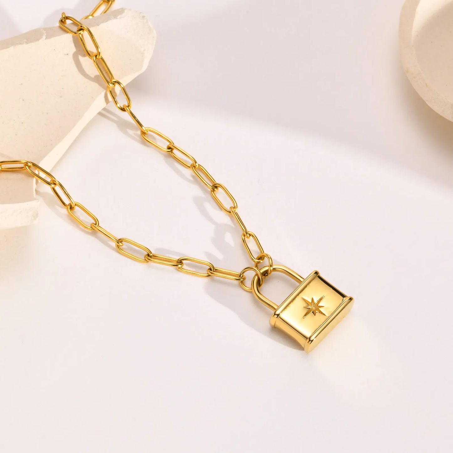 Streetwear Lock Stainless Steel Layered Plating Inlay 18K Gold Plated Zircon Pendant Necklace